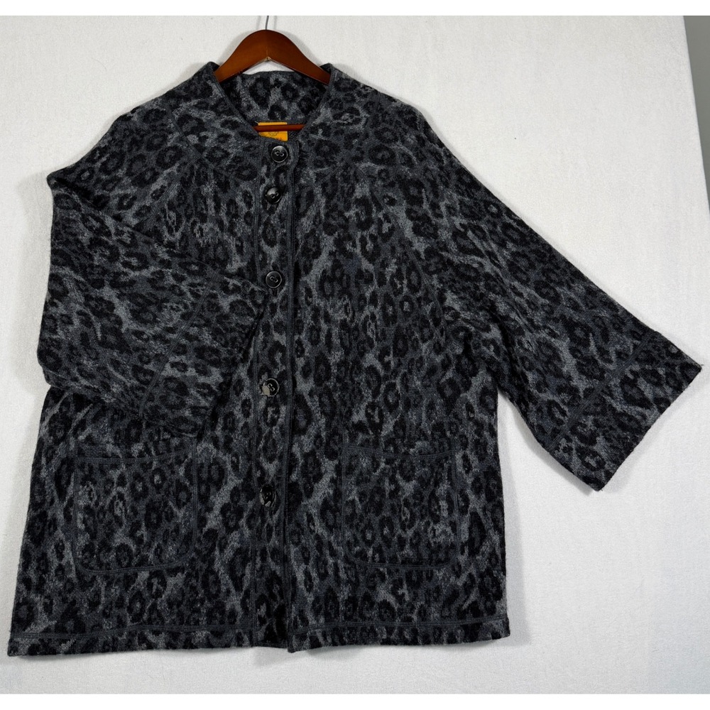 Ruby Rd Women Gray Black Leopard Animal Print 100% Wool Button Cardigan Jacket L